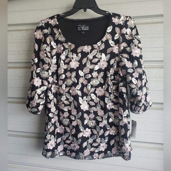New 1X Plus Size Alex Evenings Floral Sequined Embroidered dressy top shirt - Picture 3 of 8
